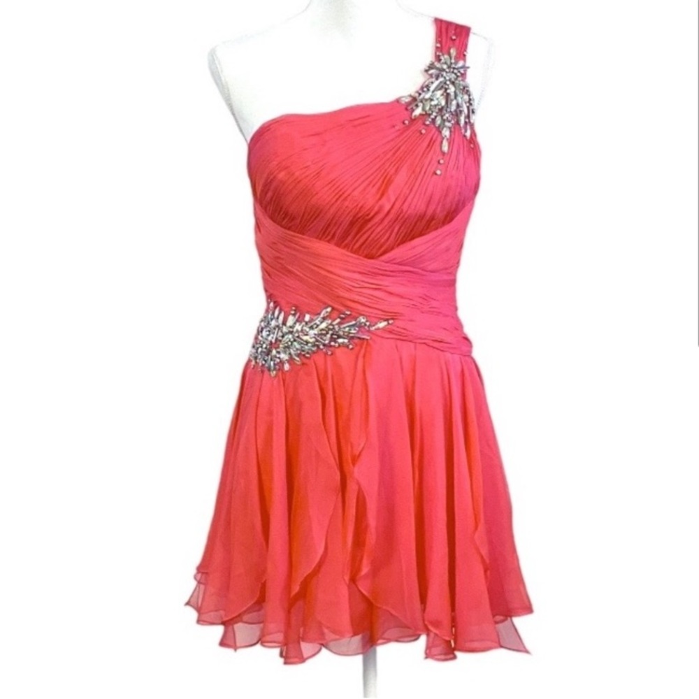 Hannah S Salmon Pink Coral Chiffon Embossed One-shoulder Prom Party Dress 10 Y2K